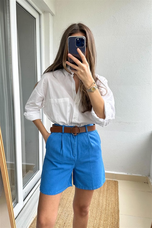 Gabardin Kemerli Şort-Mavi