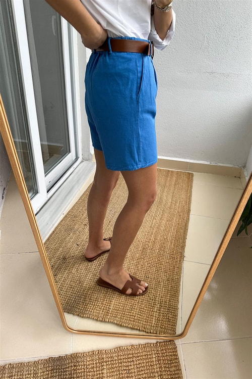 Gabardin Kemerli Şort-Mavi