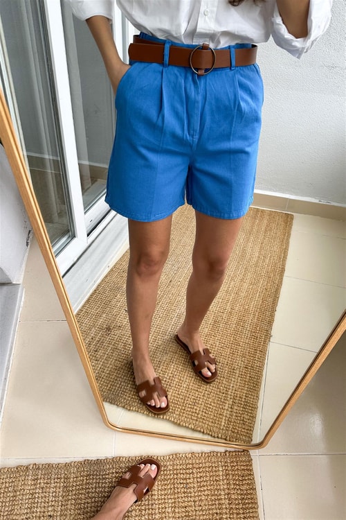 Gabardin Kemerli Şort-Mavi