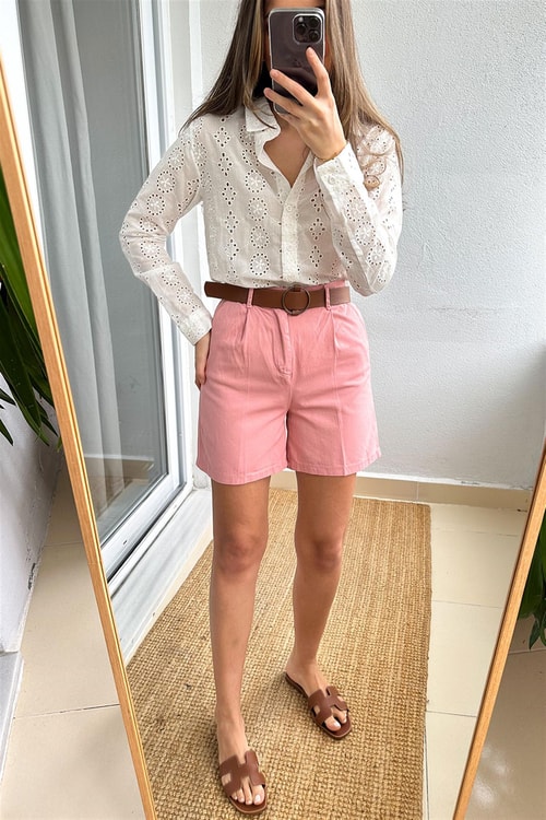 Gabardin Kemerli Şort-Pembe