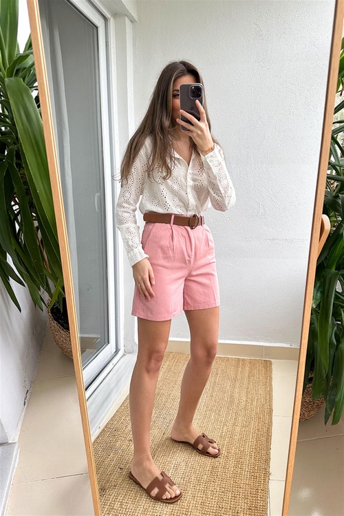Gabardin Kemerli Şort-Pembe