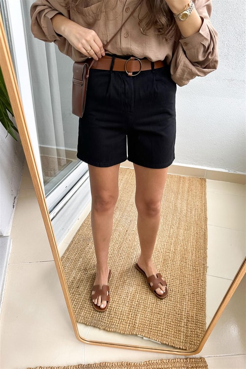 Gabardin Kemerli Şort-Siyah