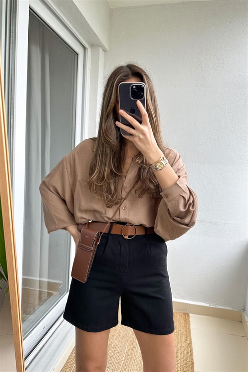 Gabardin Kemerli Şort-Siyah