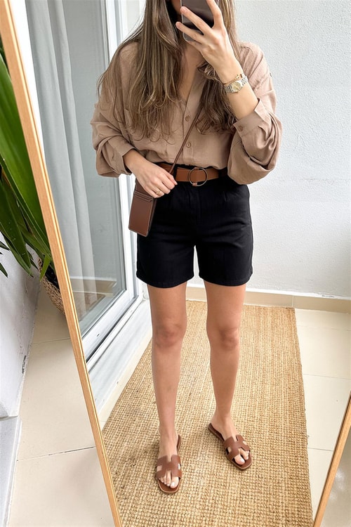 Gabardin Kemerli Şort-Siyah