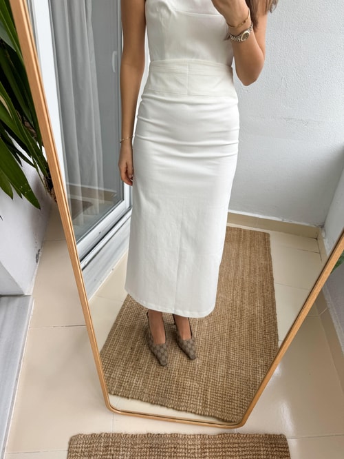 Gabardin Straplez Bluz Etek Takım-Kırık Beyaz