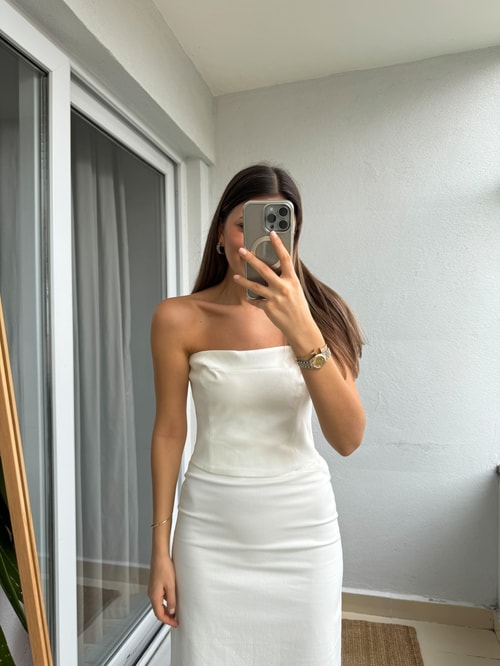 Gabardin Straplez Bluz Etek Takım-Kırık Beyaz