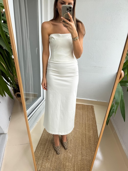 Gabardin Straplez Bluz Etek Takım-Kırık Beyaz