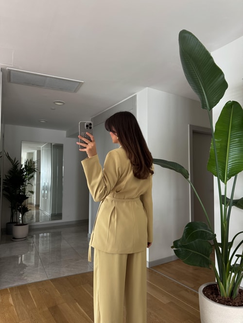 Gabriel Premium Kemerli Vatkalı Tasarım Blazer- Lime Yeşil
