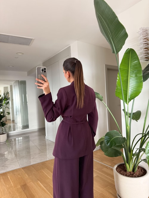 Gabriel Premium Kemerli Vatkalı Tasarım Blazer-Mürdüm