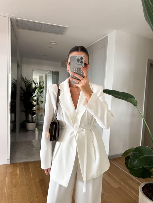 Gabriel Premium Kemerli Vatkalı Tasarım Blazer-Beyaz