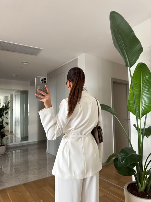 Gabriel Premium Kemerli Vatkalı Tasarım Blazer-Beyaz