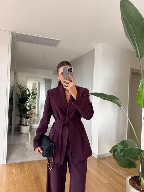 Gabriel Premium Kemerli Vatkalı Tasarım Blazer-Mürdüm