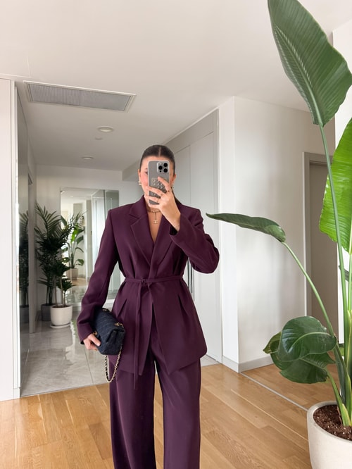 Gabriel Premium Kemerli Vatkalı Tasarım Blazer-Mürdüm