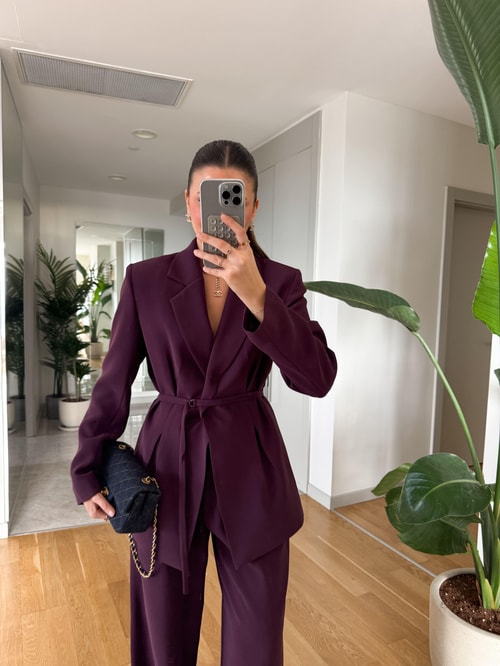 Gabriel Premium Kemerli Vatkalı Tasarım Blazer-Mürdüm