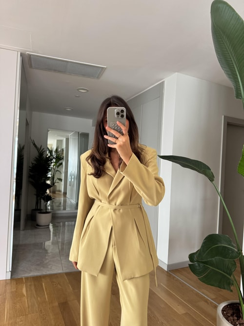 Gabriel Premium Kemerli Vatkalı Tasarım Blazer- Lime Yeşil