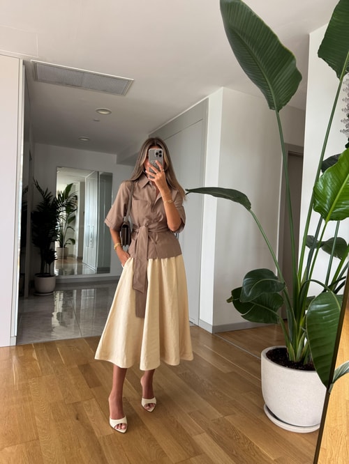 Gaby Beli Lastikli Tensel Etek - Vanilya