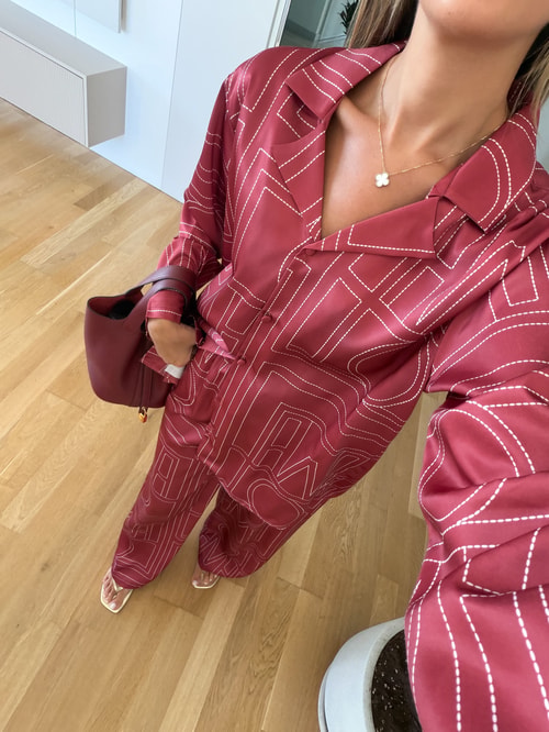 Geometrik Desenli Pantolon Takım - Bordo