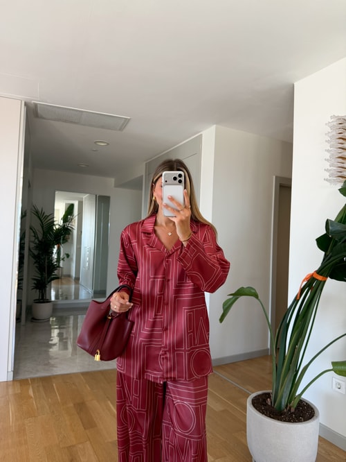 Geometrik Desenli Pantolon Takım - Bordo
