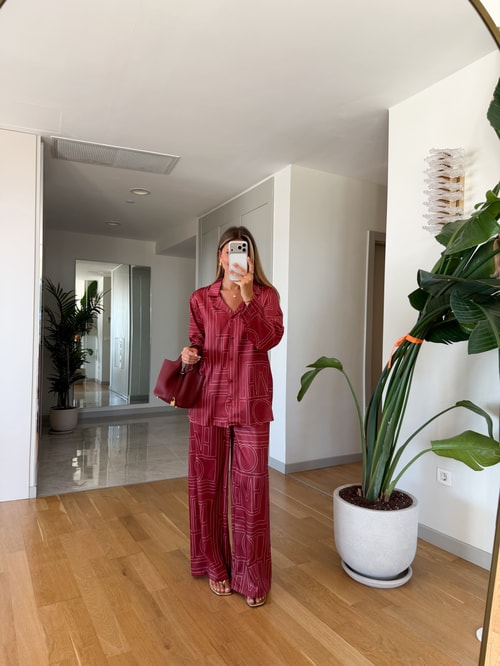 Geometrik Desenli Pantolon Takım - Bordo