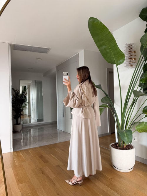 Gipsy Kuşaklı Ceket Elbise Takım - Ekru