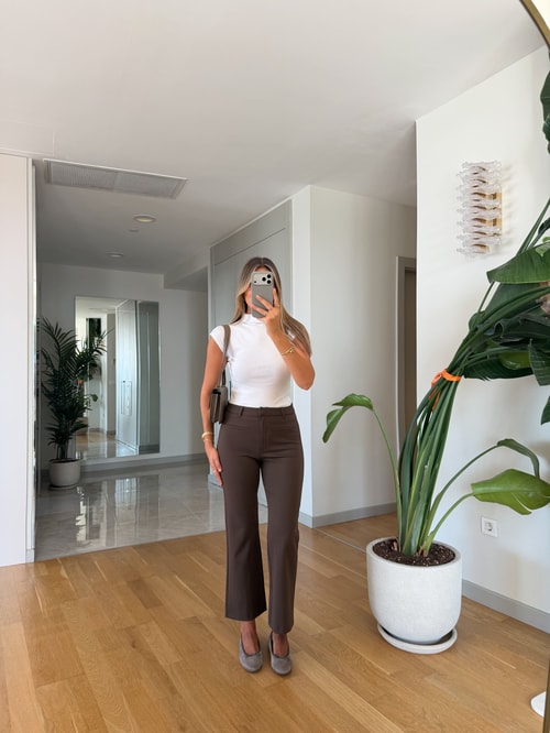 Gizli Cep Detaylı Mini Flare Pantolon - Açık Kahve