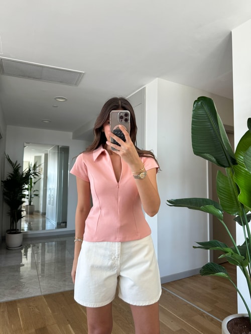 Gizli Fermuarlı Polo Yaka Tişört-Pembe