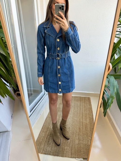 Gold Düğme Detaylı Denim Elbise