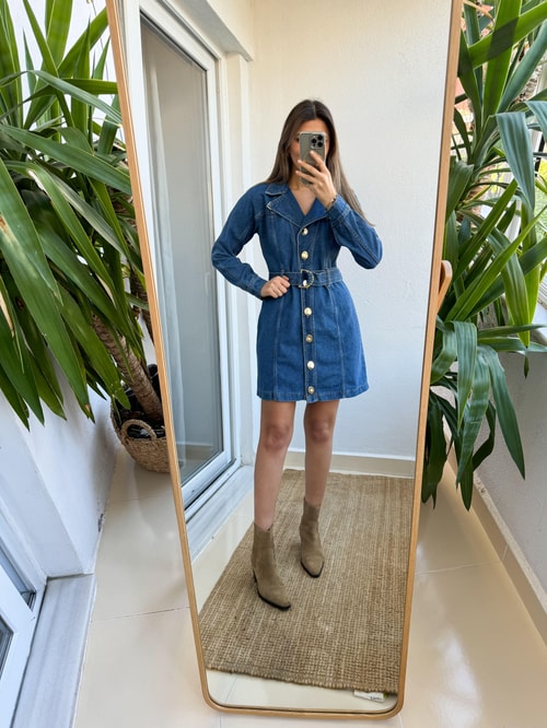 Gold Düğme Detaylı Denim Elbise
