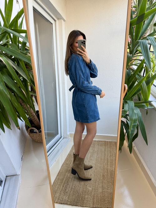 Gold Düğme Detaylı Denim Elbise