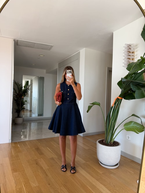 Gold Düğme Detaylı Denim Elbise