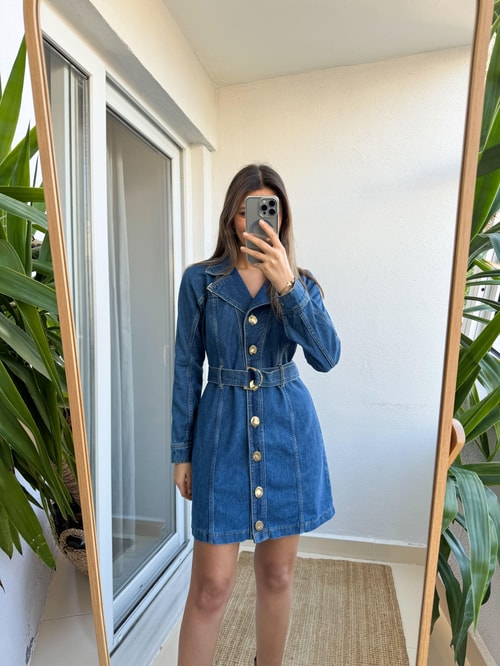 Gold Düğme Detaylı Denim Elbise
