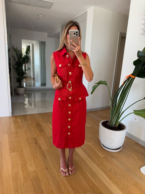 Gold Düğmeli Kemerli Denim Elbise - Kırmızı