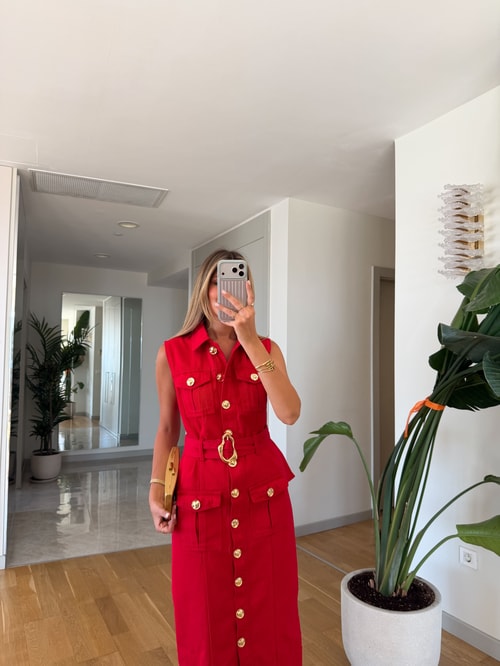 Gold Düğmeli Kemerli Denim Elbise - Kırmızı