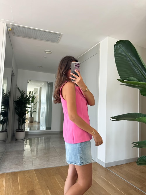 Gold Düğmeli Premium Yelek- Pembe