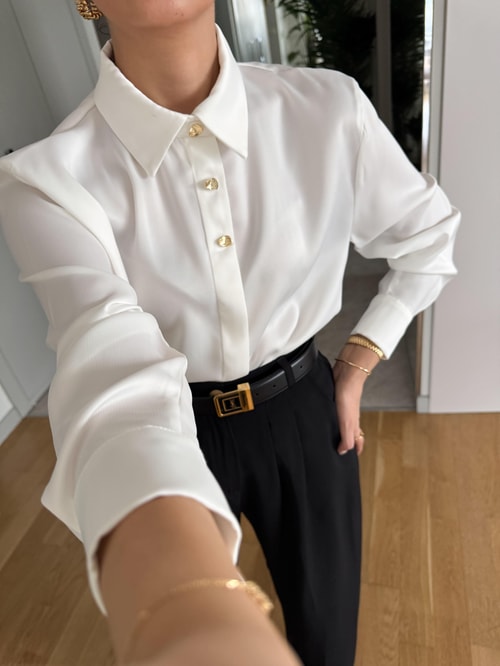 Gold Düğmeli Saten Gömlek- Ekru