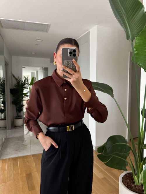 Gold Düğmeli Saten Gömlek- Kahve