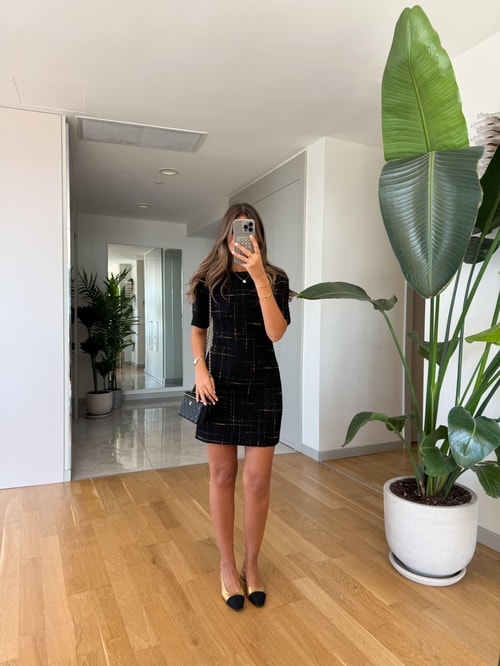 Gold Efektli Siyah Tüvit Elbise