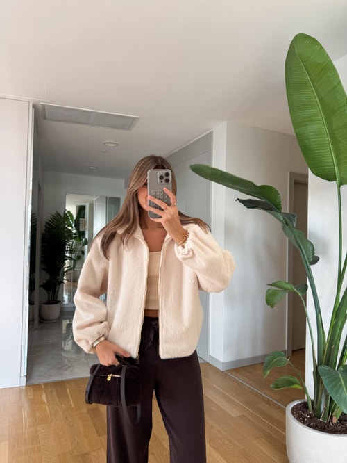 Gold Fermuarlı Tüylü Bomber Ceket - Ekru 