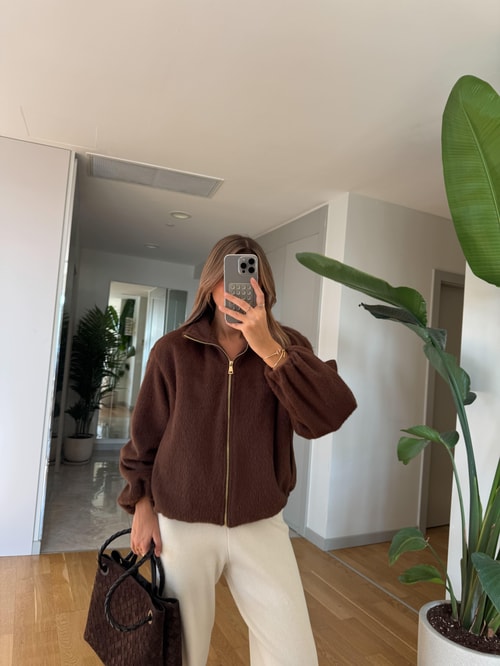 Gold Fermuarlı Tüylü Bomber Ceket - Kahve