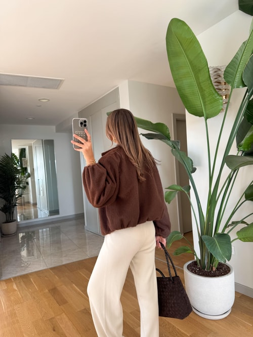 Gold Fermuarlı Tüylü Bomber Ceket - Kahve