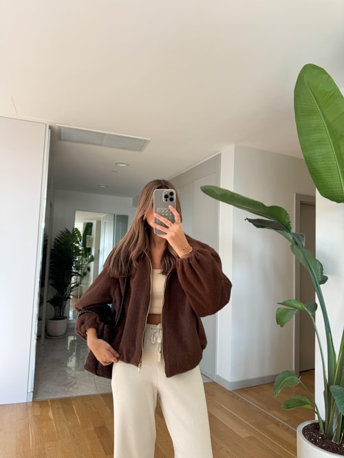 Gold Fermuarlı Tüylü Bomber Ceket - Kahve