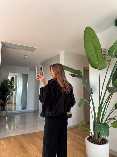 Gold Fermuarlı Tüylü Bomber Ceket - Siyah