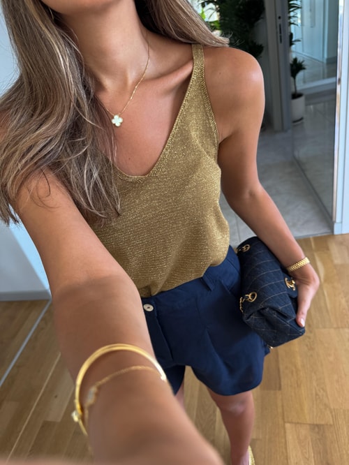 Gold Simli Askılı Triko Bluz
