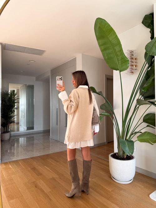 Gömlek Görünümlü Triko Elbise - Taş 