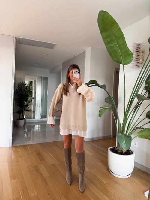 Gömlek Görünümlü Triko Elbise - Taş 