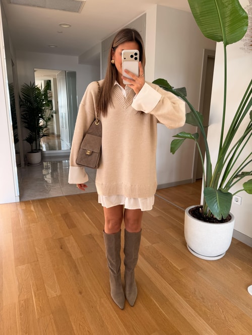 Gömlek Görünümlü Triko Elbise - Taş 