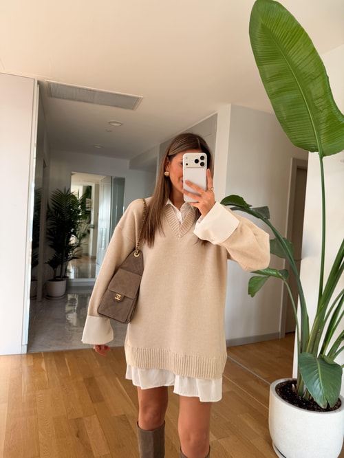 Gömlek Görünümlü Triko Elbise - Taş 