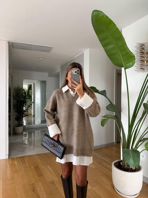 Gömlek Görünümlü Triko Elbise - Vizon