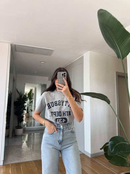 Gri Lacivert Yazılı Tişört