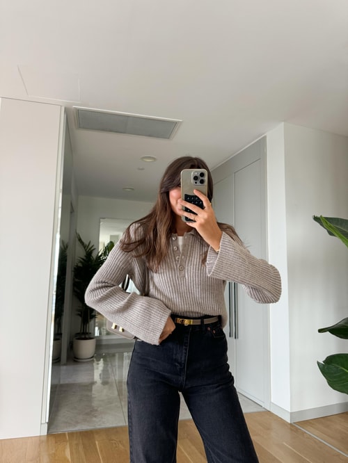 Gri Polo Yaka Düğmeli Triko